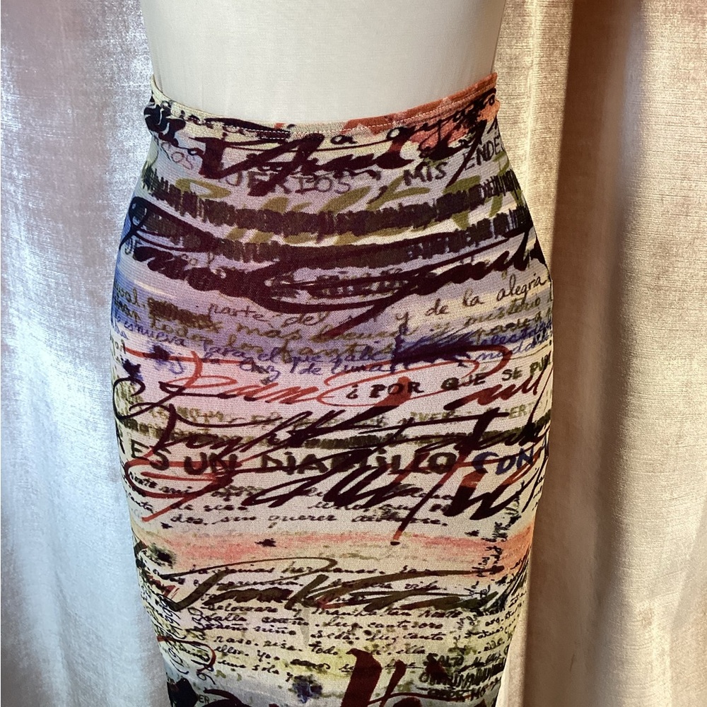 Y2K 90s Jean Paul Gaultier Maille Script hand writing print midi Mesh skirt S - Picture 2 of 7